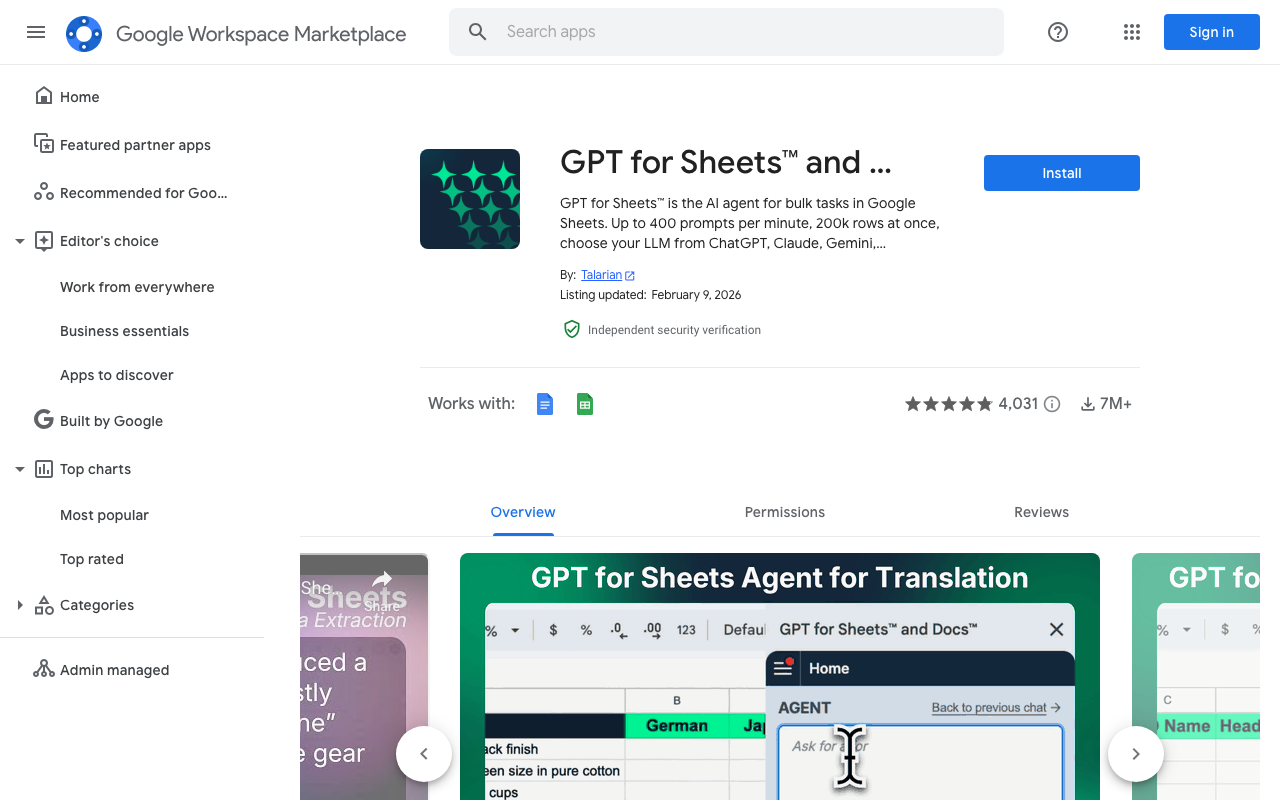 GPT for Sheets™ and Docs™ product screenshot